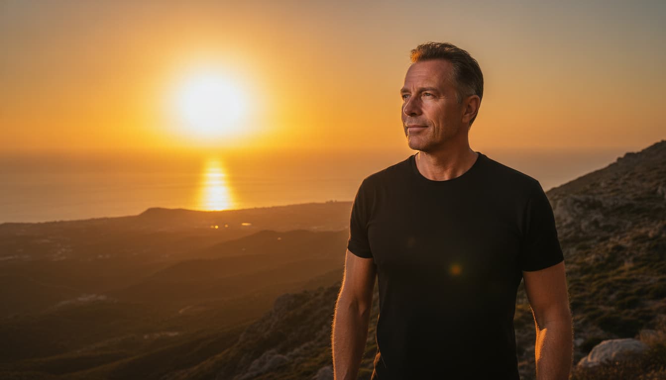 Man on a coastal mountain overlook at sunset