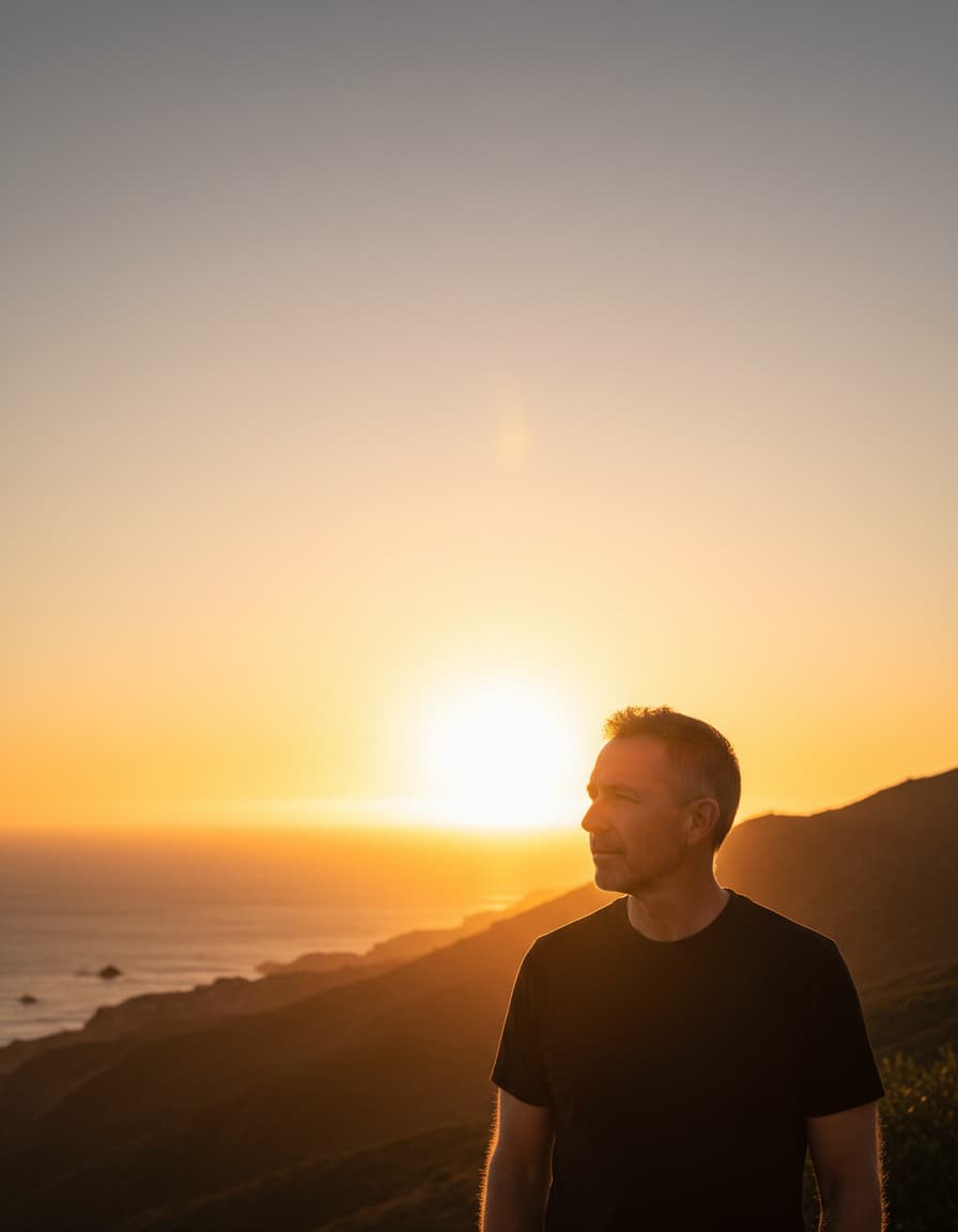 Man on a coastal mountain overlook at sunset