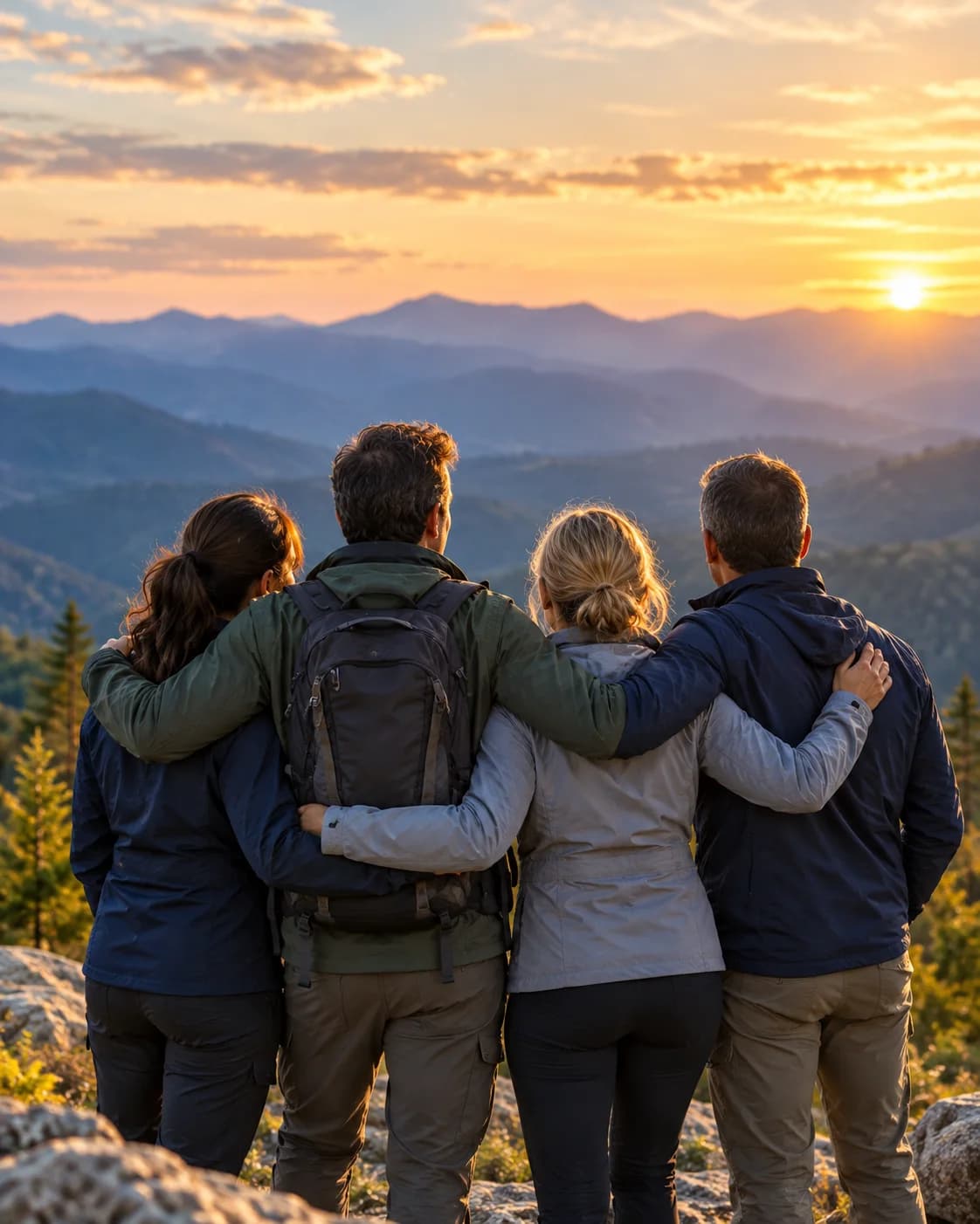 Illustrative scene of four friends together at a mountain overlook