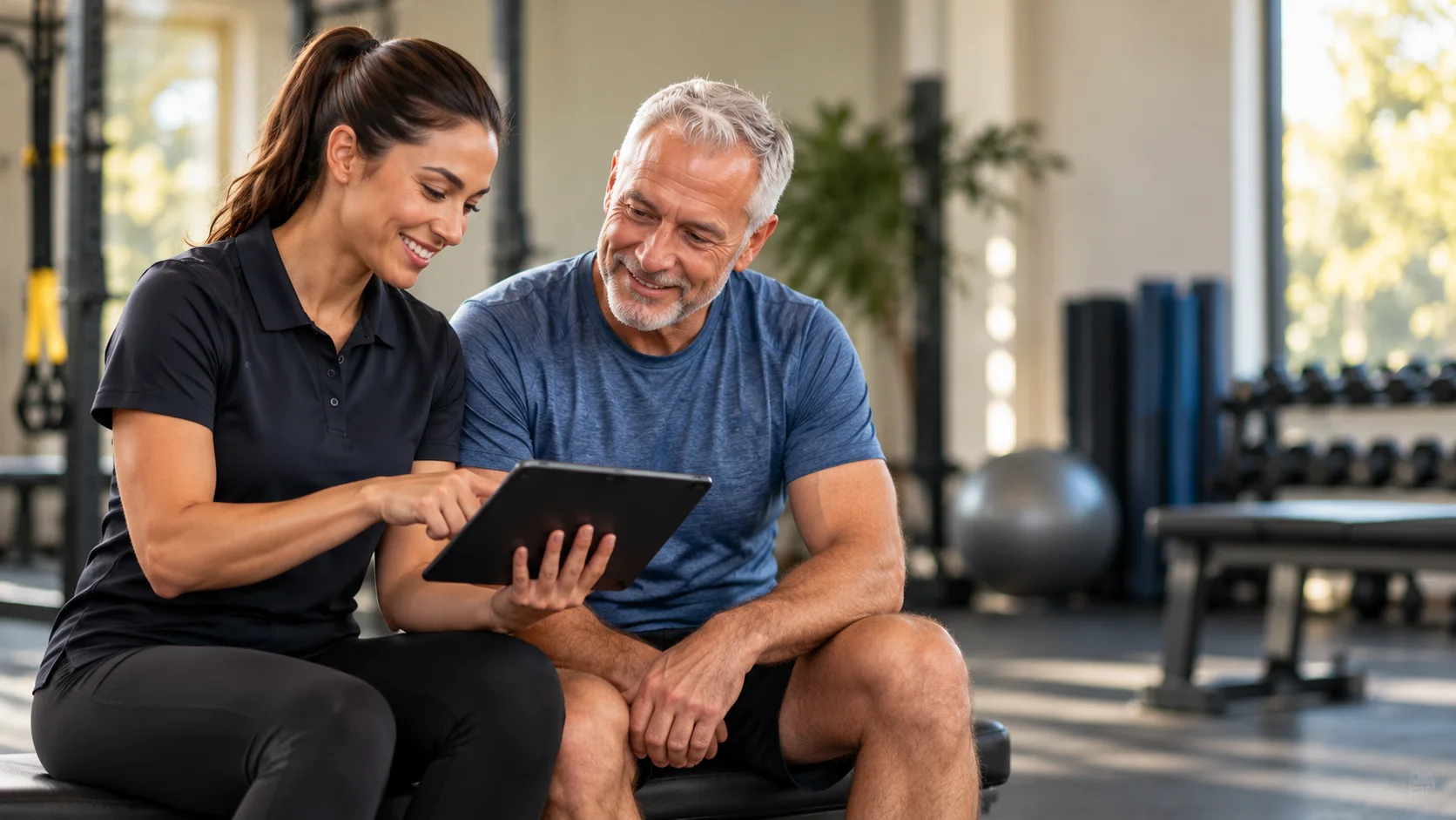 Illustrative wellness professional discussing options with an active older adult